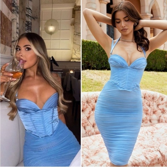 House of‎ CB ‘Josephine’ Baby Blue Pleated Corset Midi Dress NWOT size L - Picture 1 of 13